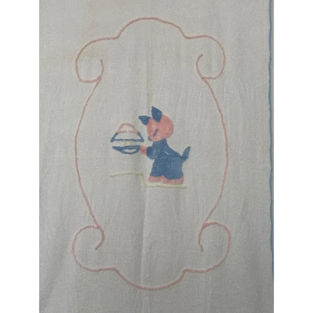 Vintage 1940s–1950s Baby Chenille Crib Blanket 40x61 Blue Pink Kitten Nursery